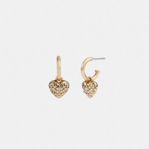 Gold Women's COACH Quilted Signature Heart Huggie Earrings | South Africa-6839157