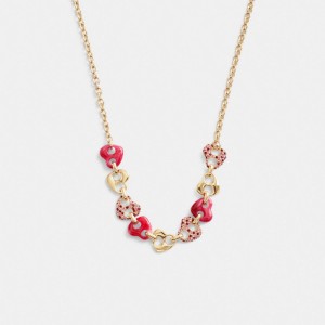 Gold / Pink Multicolor Women's COACH Pavé Hearts Chain Link Necklace | South Africa-8921603