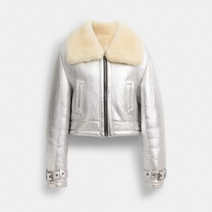 Silver Women's COACH All Over Shearling Jackets | South Africa-5901462